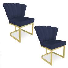 Kit 02 Poltronas Flor Veludo Azul Marinho Base Metálica Industrial Dourado - Pallazio