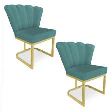 Kit 02 Poltronas Flor Veludo Azul Turquesa Base Metálica Industrial Dourado - Pallazio
