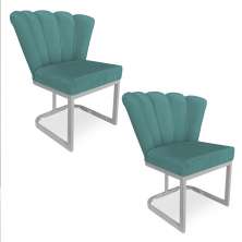Kit 02 Poltronas Flor Veludo Azul Turquesa Base Metálica Industrial Prata - Pallazio