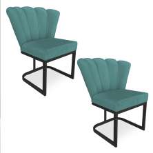 Kit 02 Poltronas Flor Veludo Azul Turquesa Base Metálica Industrial Preto - Pallazio