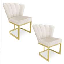 Kit 02 Poltronas Flor Veludo Bege Base Metálica Industrial Dourado - Pallazio