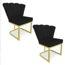 Kit 02 Poltronas Flor Veludo Preto Base Metálica Industrial Dourado - Pallazio