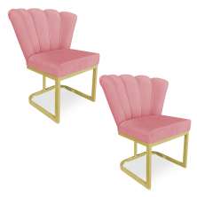 Kit 02 Poltronas Flor Veludo Rosê Base Metálica Industrial Dourado - Pallazio