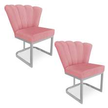Kit 02 Poltronas Flor Veludo Rosê Base Metálica Industrial Prata - Pallazio