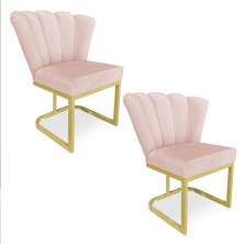 Kit 02 Poltronas Flor Veludo Rosa Bebê Base Metálica Industrial Dourado - Pallazio