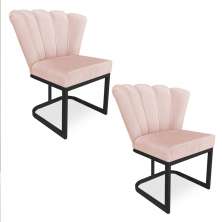 Kit 02 Poltronas Flor Veludo Rosa Bebê Base Metálica Industrial Preto - Pallazio