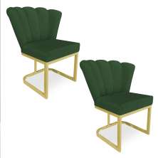Kit 02 Poltronas Flor Veludo Verde Base Metálica Industrial Dourado - Pallazio