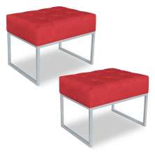 Kit 02 Puffs Lisa Suede Vermelho Base Metálica Industrial Prata - Pallazio