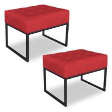 Kit 02 Puffs Lisa Suede Vermelho Base Metálica Industrial Preto - Pallazio