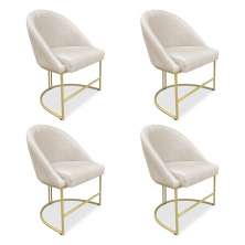 Kit 04 Cadeiras Poltrona de Jantar Bela Linho Bege Base Metálica Industrial Dourado - Pallazio