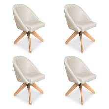 Kit 04 Poltronas Cadeira Giratória Bela Linho Bege Base de Madeira - Pallazio