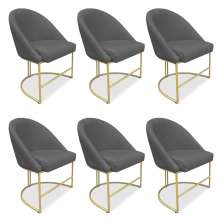 Kit 06 Cadeiras Poltrona de Jantar Bela Suede Grafite Base Metálica Industrial Dourado - Pallazio