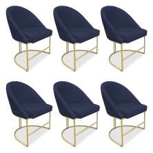 Kit 06 Cadeiras Poltrona de Jantar Bela Veludo Azul Marinho Base Metálica Industrial Dourado - Pallazio