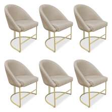Kit 06 Cadeiras Poltrona de Jantar Bela Veludo Bege Base Metálica Industrial Dourado - Pallazio