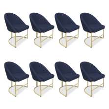 Kit 08 Cadeiras Poltrona de Jantar Bela Suede Azul Marinho Base Metálica Industrial Dourado - Pallazio