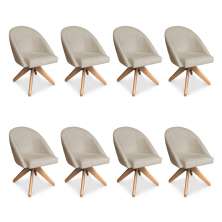Kit 08 Poltronas Cadeira Giratória Bela Suede Bege Base de Madeira - Pallazio