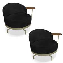 Kit 2 Poltronas Decorativa Andromeda Linho Bouclê Preto Base Giratória de Ferro - Pallazio