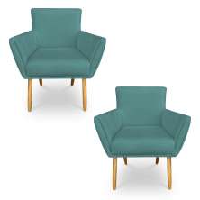 Kit 2 Poltronas Decorativa Leticia Suede Azul Turquesa Pés Palito Castanho - Pallazio