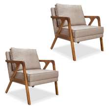 Kit 2 Poltronas Decorativa Luiza Linho Areia Base em Madeira Castanho - Pallazio