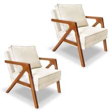 Kit 2 Poltronas Decorativa Luiza Linho Bouclê Bege Base em Madeira Castanho - Pallazio