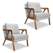 Kit 2 Poltronas Decorativa Luiza Linho Cinza Base em Madeira Castanho - Pallazio