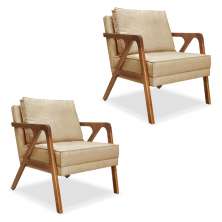 Kit 2 Poltronas Decorativa Luiza Linho Dourado Base em Madeira Castanho - Pallazio