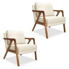 Kit 2 Poltronas Decorativa Luiza Linho Natural Base em Madeira Castanho - Pallazio