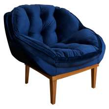 Kit 2 Poltronas Decorativa Marcela Veludo Azul Marinho Base Madeira Castanho - Pallazio