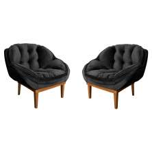 Kit 2 Poltronas Decorativa Marcela Veludo Preto Base Madeira Castanho - Pallazio