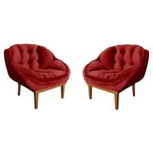 Kit 2 Poltronas Decorativa Marcela Veludo Vermelho Base Madeira Castanho - Pallazio