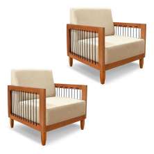 Kit 2 Poltronas Decorativa Marilia Linho Dourado Base em Madeira Castanho - Pallazio