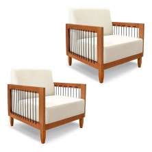 Kit 2 Poltronas Decorativa Marilia Linho Natural Base em Madeira Castanho - Pallazio