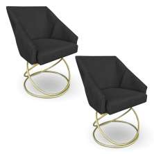 Kit 2 Poltronas Luxo Alana Suede Preto Base de Ferro Dourado - Pallazio