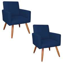 Kit 2 Poltronas Nina Veludo Azul Marinho Pés Palito Castanho - Pallazio
