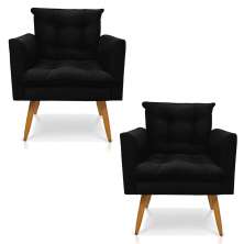Kit 2 Poltronas Olivia Suede Preto Pés Palito Castanho - Pallazio