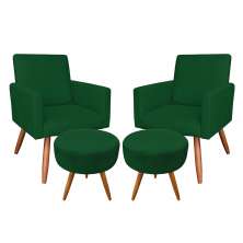 Kit 2 Poltronas e 2 Puffs Banqueta Redonda Nina Veludo Verde Pés Palito Castanho - Pallazio