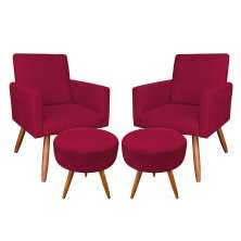 Kit 2 Poltronas e 2 Puffs Banqueta Redonda Nina Veludo Vermelho Pés Palito Castanho - Pallazio