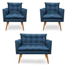 Kit 2 Poltronas e Namoradeira 2 Lugares Olivia Suede Azul Marinho Pés Palito Castanho - Pallazio