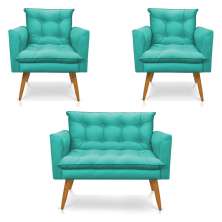 Kit 2 Poltronas e Namoradeira 2 Lugares Olivia Suede Azul Turquesa Pés Palito Castanho - Pallazio