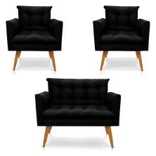 Kit 2 Poltronas e Namoradeira 2 Lugares Olivia Suede Preto Pés Palito Castanho - Pallazio