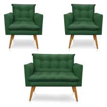Kit 2 Poltronas e Namoradeira 2 Lugares Olivia Suede Verde Pés Palito Castanho - Pallazio