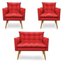 Kit 2 Poltronas e Namoradeira 2 Lugares Olivia Suede Vermelho Pés Palito Castanho - Pallazio