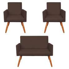 Kit 2 Poltronas e Namoradeira Nina Suede Marrom Pés Palito Castanho - Pallazio