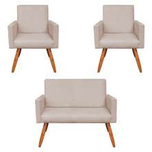Kit 2 Poltronas e Namoradeira Nina Suede Pés Palito Castanho - Pallazio