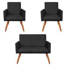 Kit 2 Poltronas e Namoradeira Nina Suede Preto Pés Palito Castanho - Pallazio