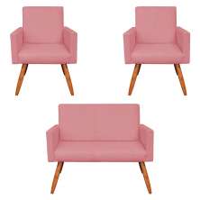 Kit 2 Poltronas e Namoradeira Nina Suede Rosê Pés Palito Castanho - Pallazio