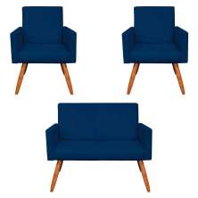 Kit 2 Poltronas e Namoradeira Nina Veludo Azul Marinho Pés Palito Castanho - Pallazio