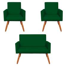 Kit 2 Poltronas e Namoradeira Nina Veludo Verde Pés Palito Castanho - Pallazio