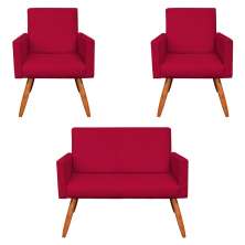 Kit 2 Poltronas e Namoradeira Nina Veludo Vermelho Pés Palito Castanho - Pallazio