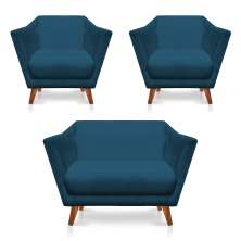 Kit 2 Poltronas e Namoradeira Pérsia Suede Azul Marinho Pés Chanfrado Castanho - Pallazio